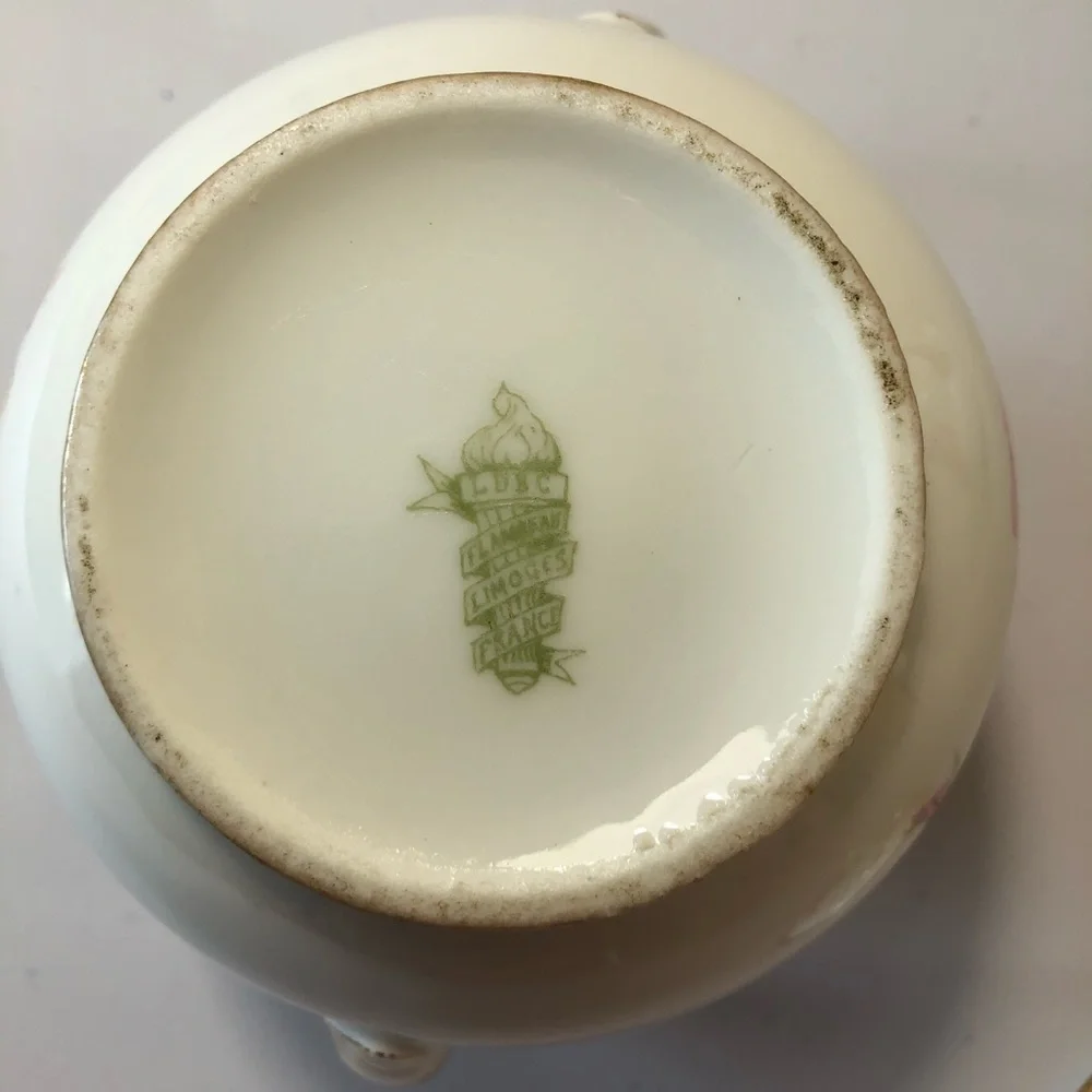 Limoges Vintage Antique Hand Painted Porcelain Sugar & Cream Bowl W/ Lid Roses